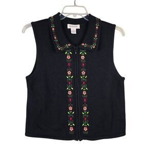 Bechamel Knit Sweater Vest Sz S Black Embroidered Flowers Hearts Collared Zip